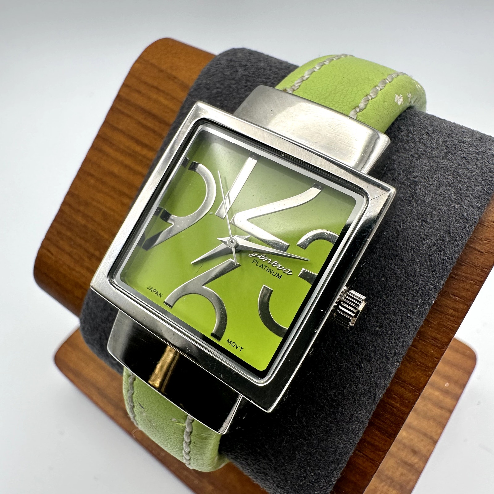 Geneva Platinum Womens Green Dial Silver Square Cuff Quartz Watch